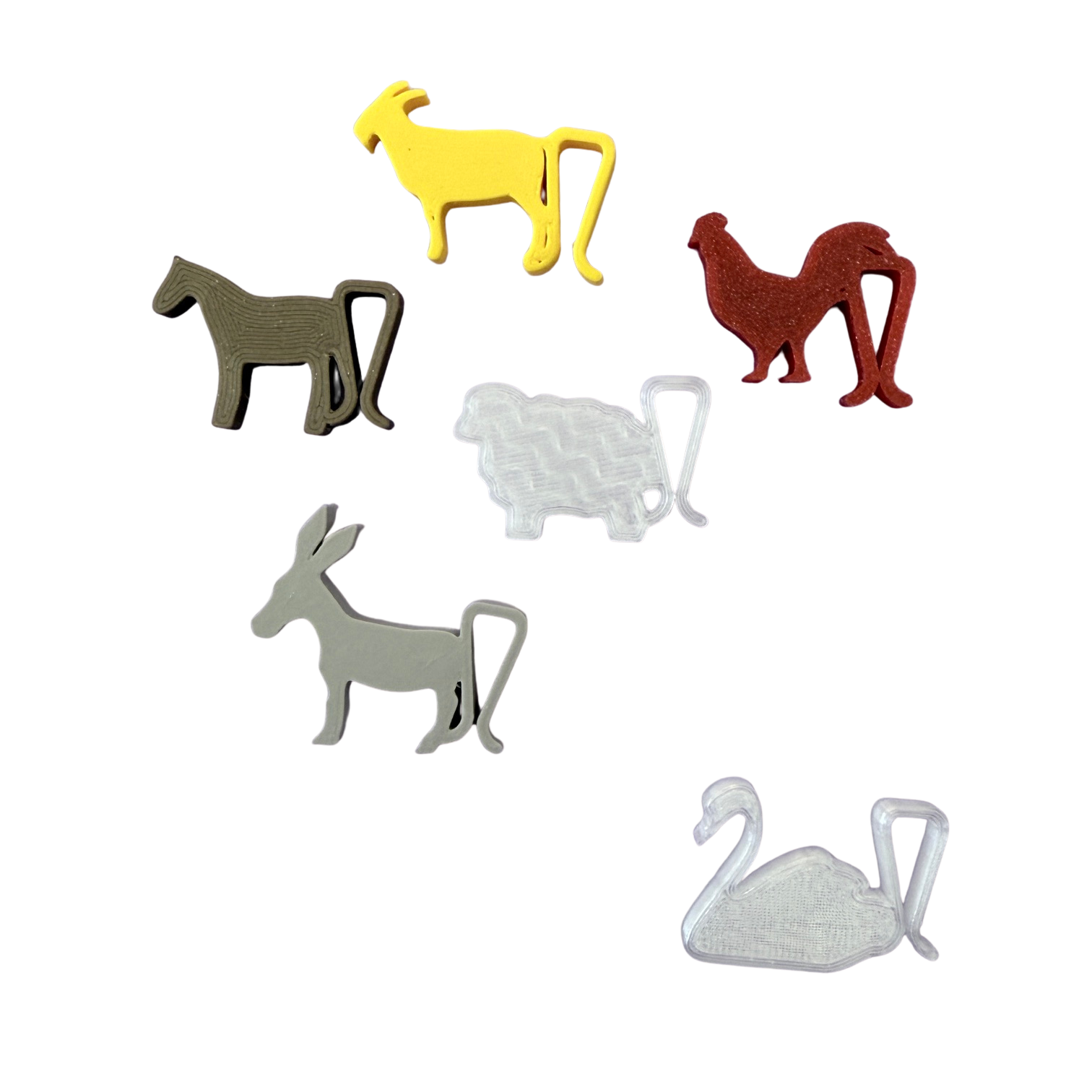 Sechs Tiere als Glasanhänger aus dem 3-D Drucker. Ziege, Pferd, Hahn, Schaf, Esel und Schwan. 