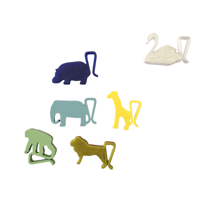 Sechs Tiere als Glasanhänger aus dem 3-D Drucker. Nilpferd, Elefant, Giraffe, Affe, Löwe und Schwan. 