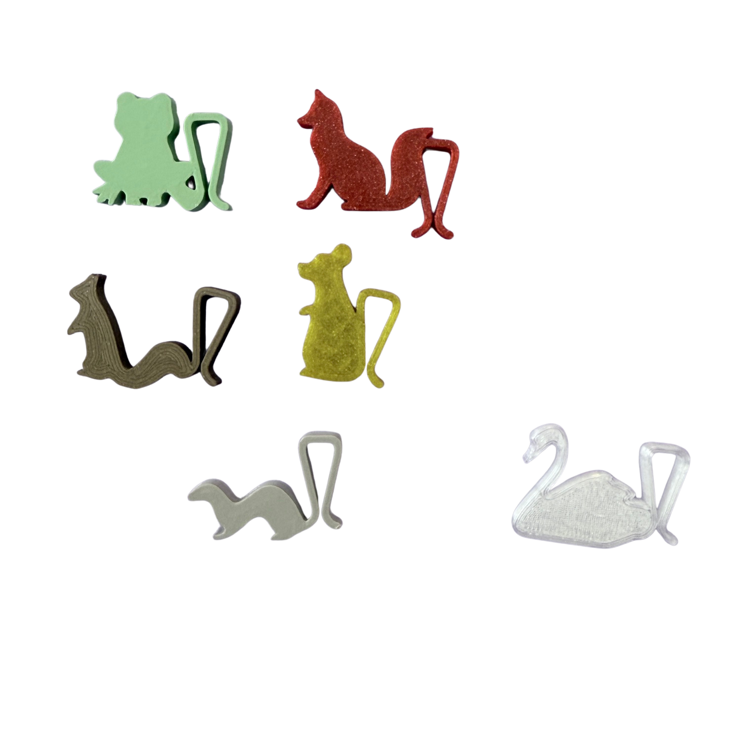 Sechs Tiere als Glasanhänger aus dem 3-D Drucker. Frosch, Fuchs, Eichhörnchen, Maus, Wiesel und Schwan. 