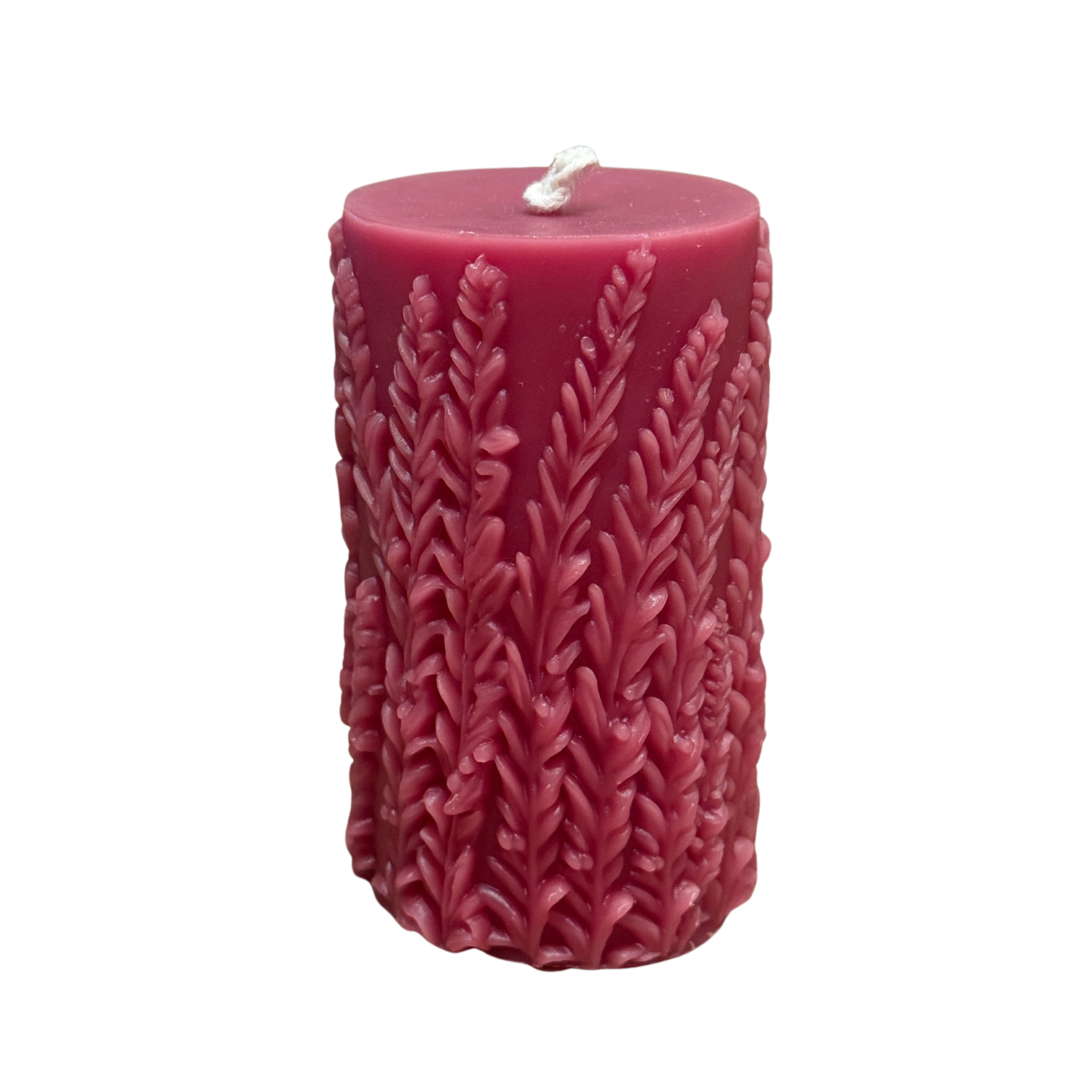 Stumpkerze mit Heide Relief in rot aus Bienenwachs.