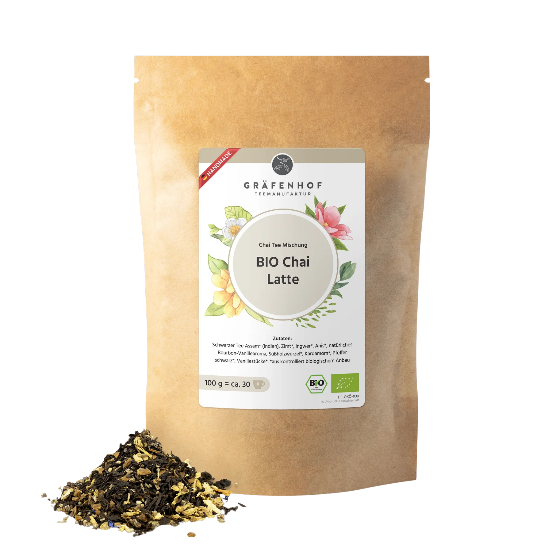 Eine braune Kraftpapier Tüte mit Zip-Verschluss und Chai Latte Kräutertee-Mischung. 