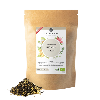 Eine braune Kraftpapier Tüte mit Zip-Verschluss und Chai Latte Kräutertee-Mischung. 