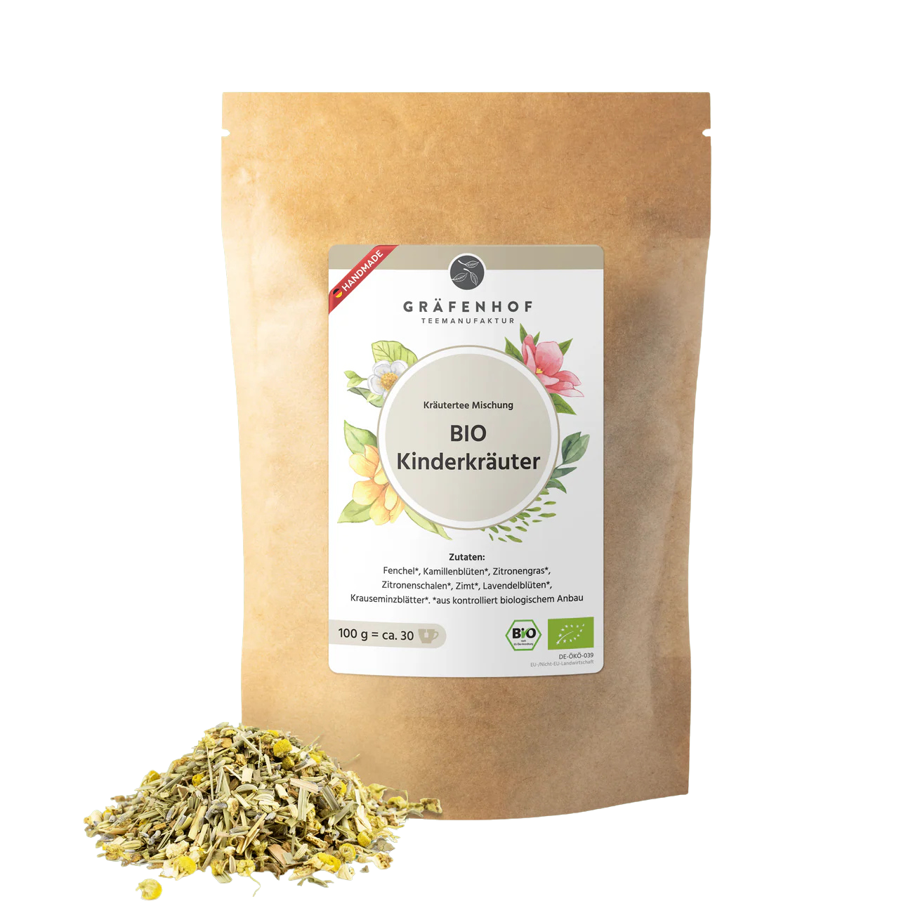 Eine braune Kraftpapier Tüte mit Zip-Verschluss und Kräutertee "Kinderkräuiter".