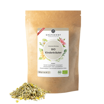 Eine braune Kraftpapier Tüte mit Zip-Verschluss und Kräutertee "Kinderkräuiter".