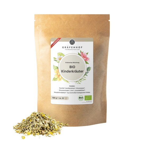 Eine braune Kraftpapier Tüte mit Zip-Verschluss und Kräutertee "Kinderkräuiter".