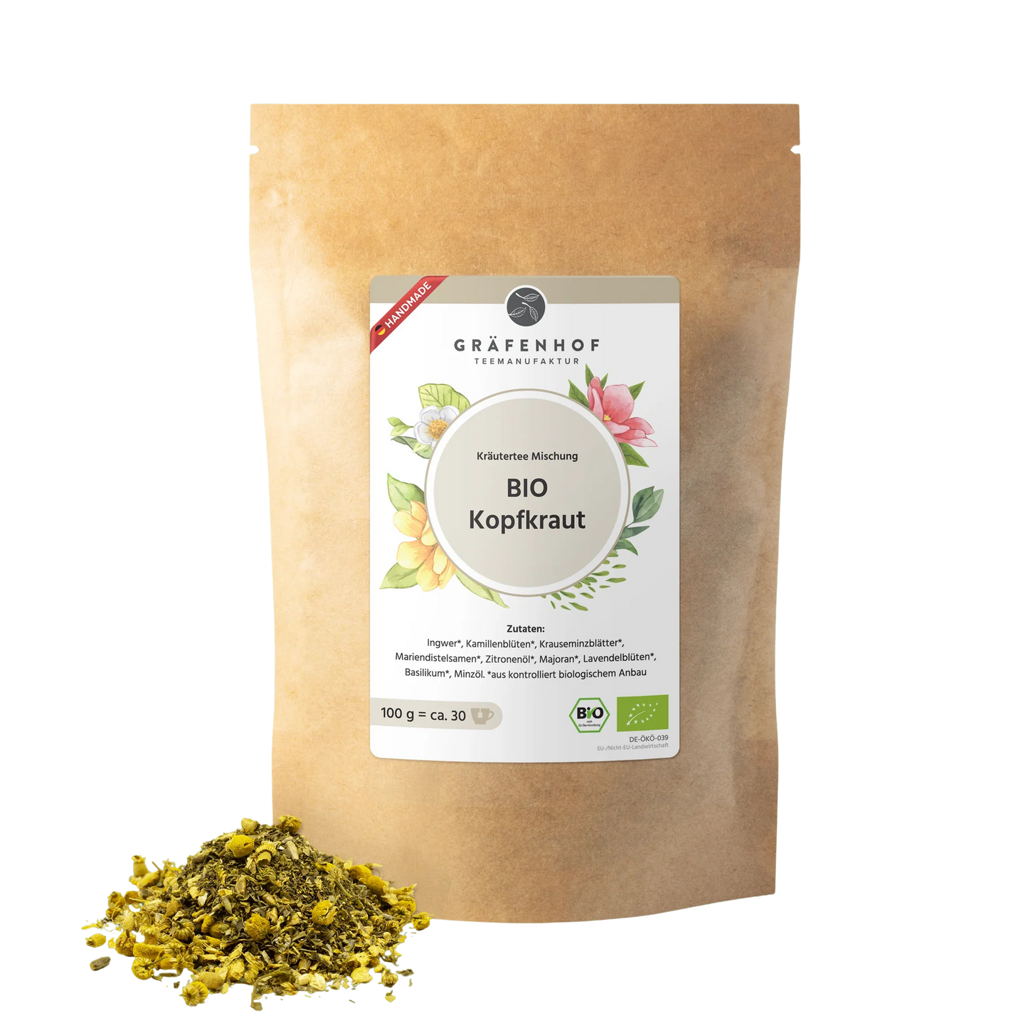Eine braune Kraftpapier Tüte mit Zip-Verschluss und "Kopfkraut" Kräutertee.  