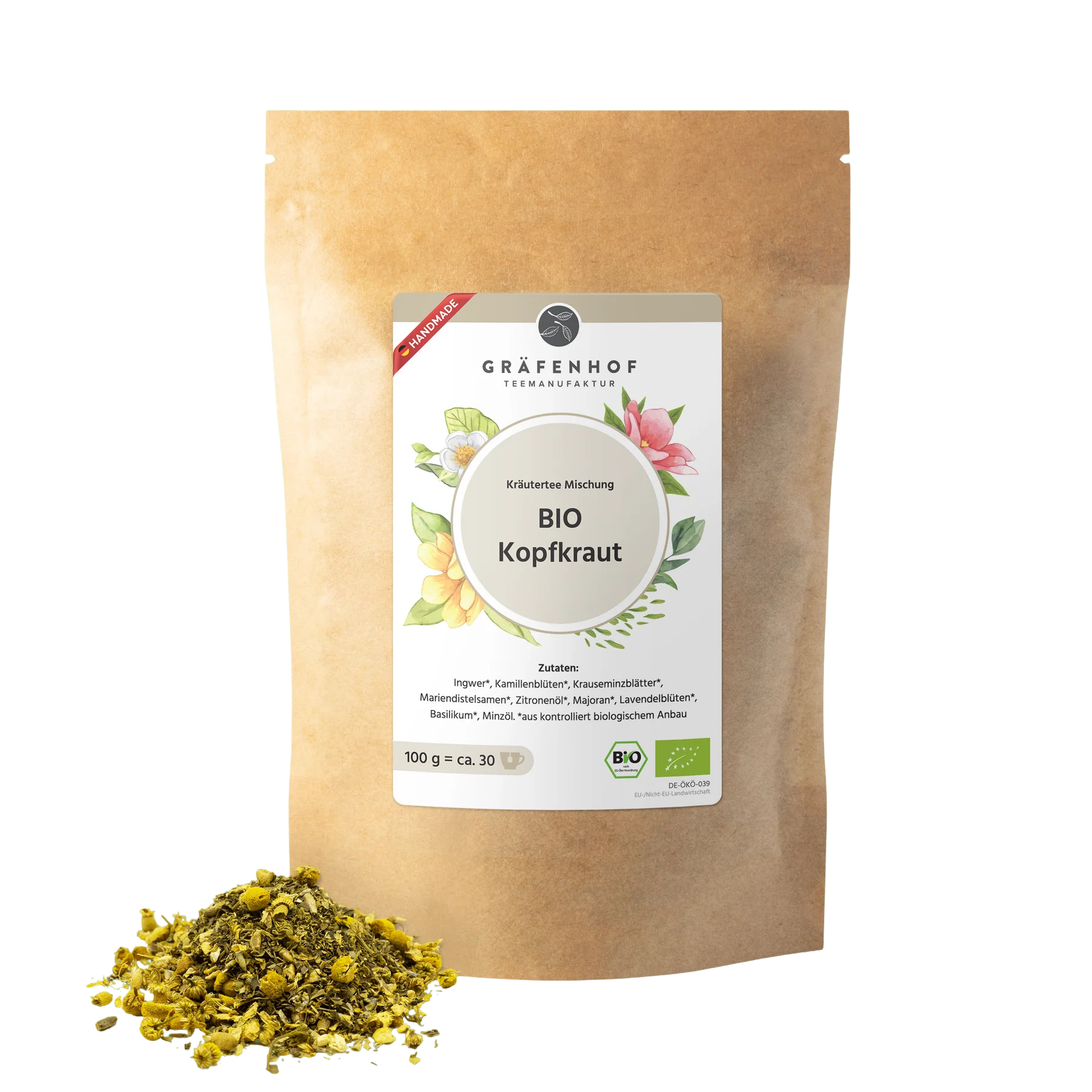 Eine braune Kraftpapier Tüte mit Zip-Verschluss und "Kopfkraut" Kräutertee.  