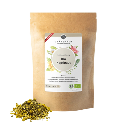 Eine braune Kraftpapier Tüte mit Zip-Verschluss und "Kopfkraut" Kräutertee.  