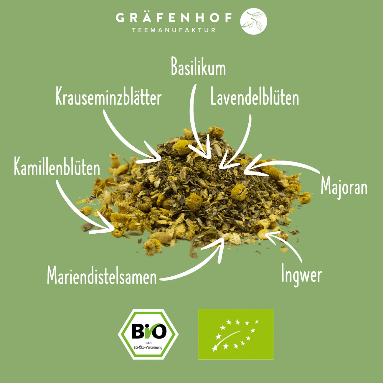 Abbildung der Zutaten für den Kräuterteee "Kopfkraut".