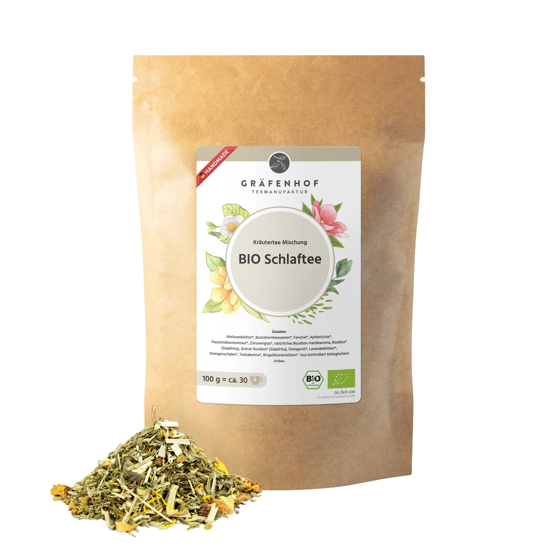 Eine braune Kraftpapier Tüte mit Zip-Verschluss und Kräutertee "Schlaftee".