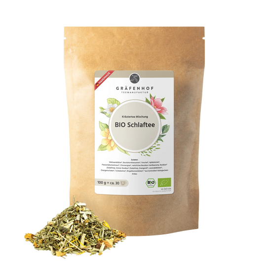 Eine braune Kraftpapier Tüte mit Zip-Verschluss und Kräutertee "Schlaftee".