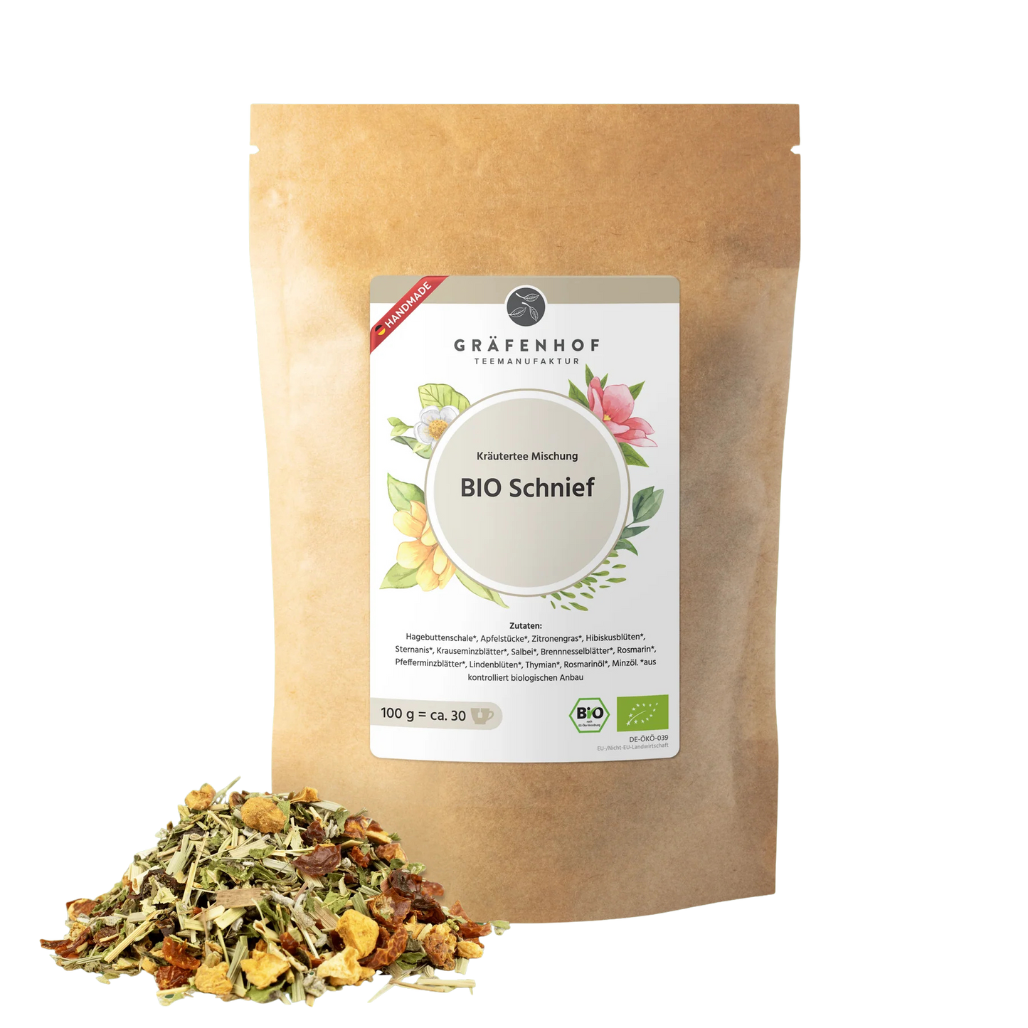 Eine braune Kraftpapier Tüte mit Zip-Verschluss und Kräutertee "Schnief".