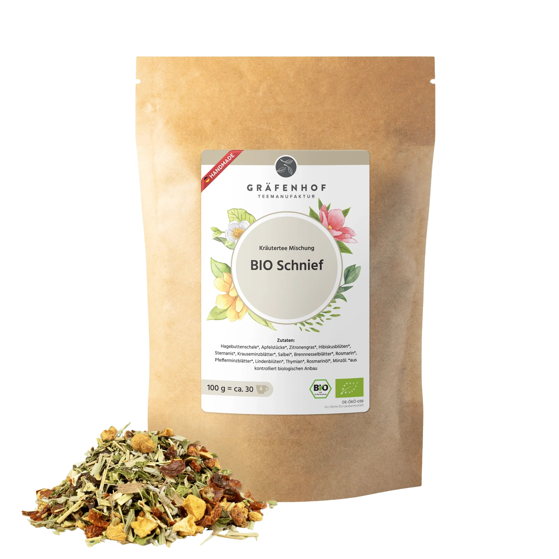 Eine braune Kraftpapier Tüte mit Zip-Verschluss und Kräutertee "Schnief".