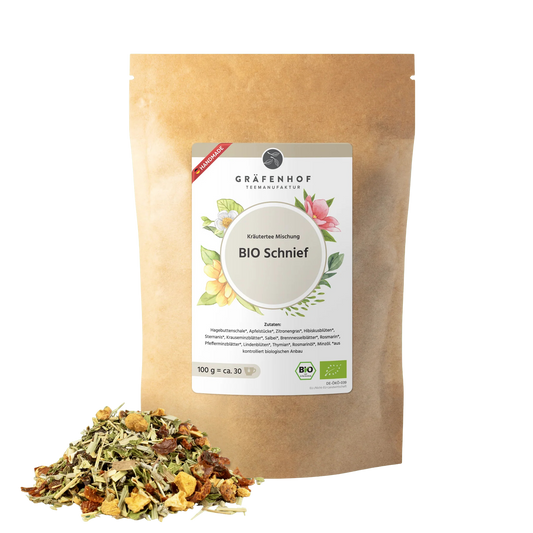 Eine braune Kraftpapier Tüte mit Zip-Verschluss und Kräutertee "Schnief".
