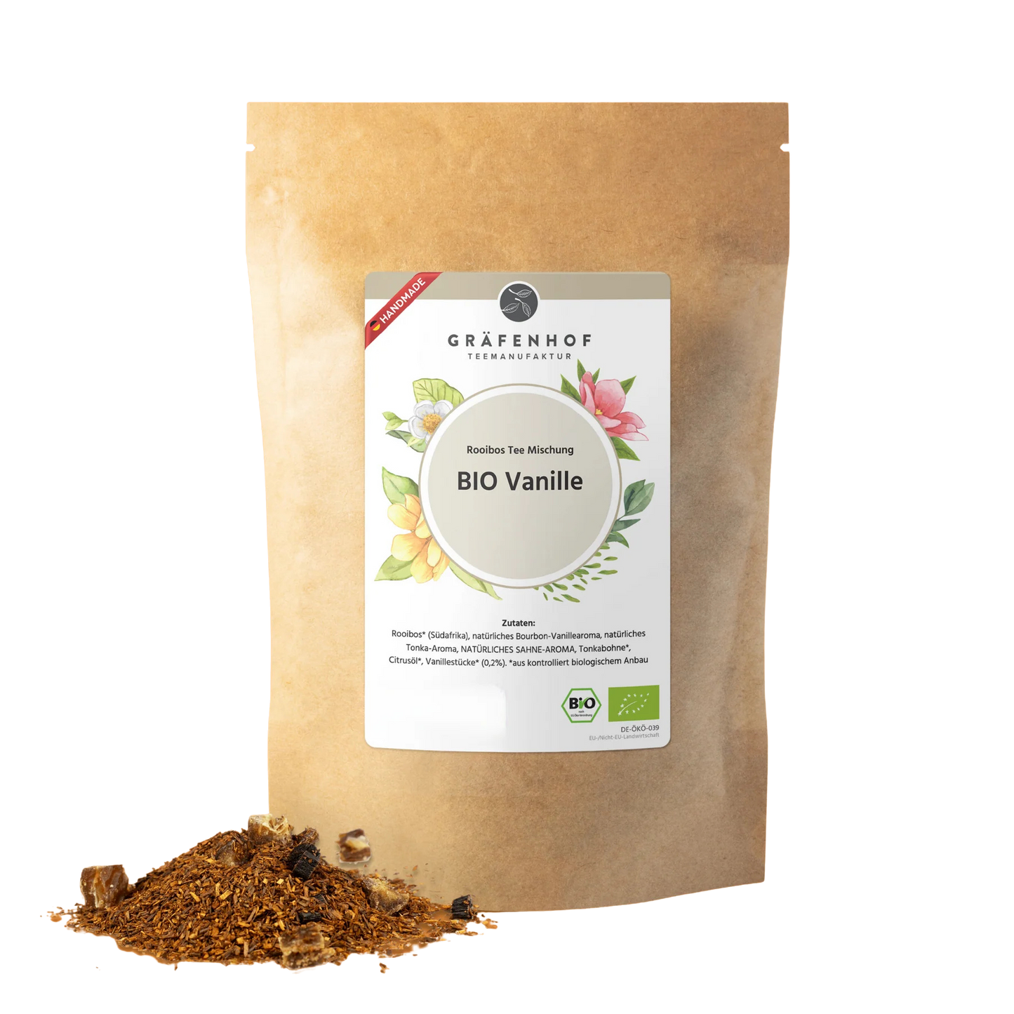 Eine braune Kraftpapier Tüte mit Zip-Verschluss und Kräutertee "Vanille".