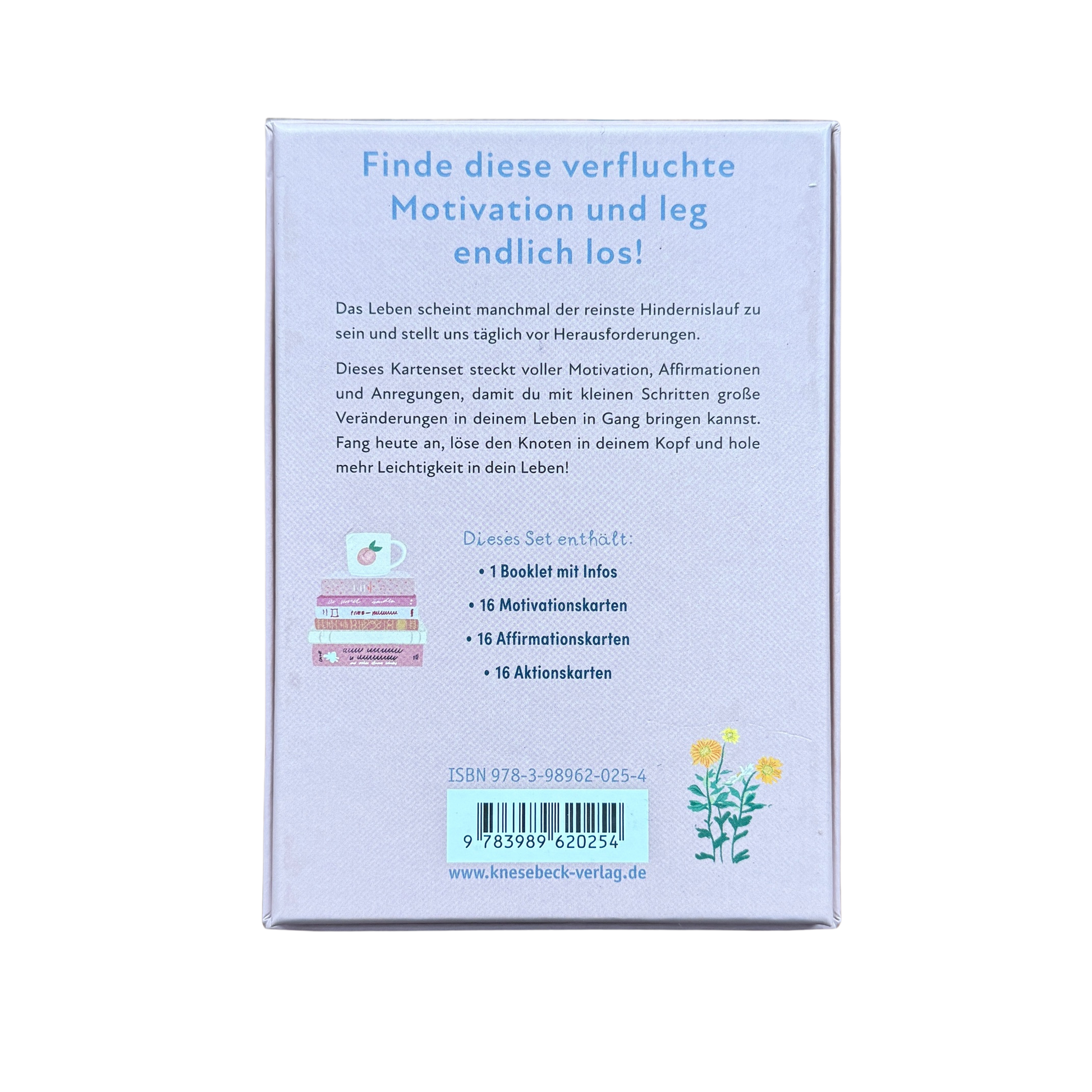 Motivationskartenset für Frauen. Rückseite der Verpackung mit Inhaltsangabe.