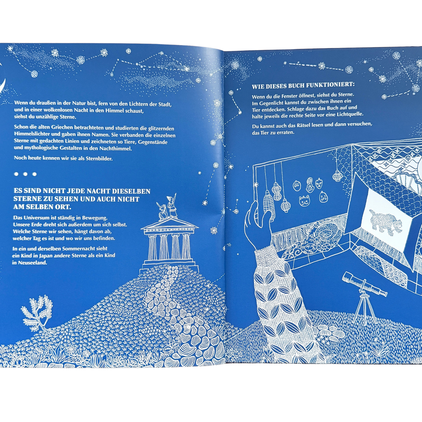 Ein blauer Sternenhimmel mit Sternzeichen und der Einleitung zum Buch. 