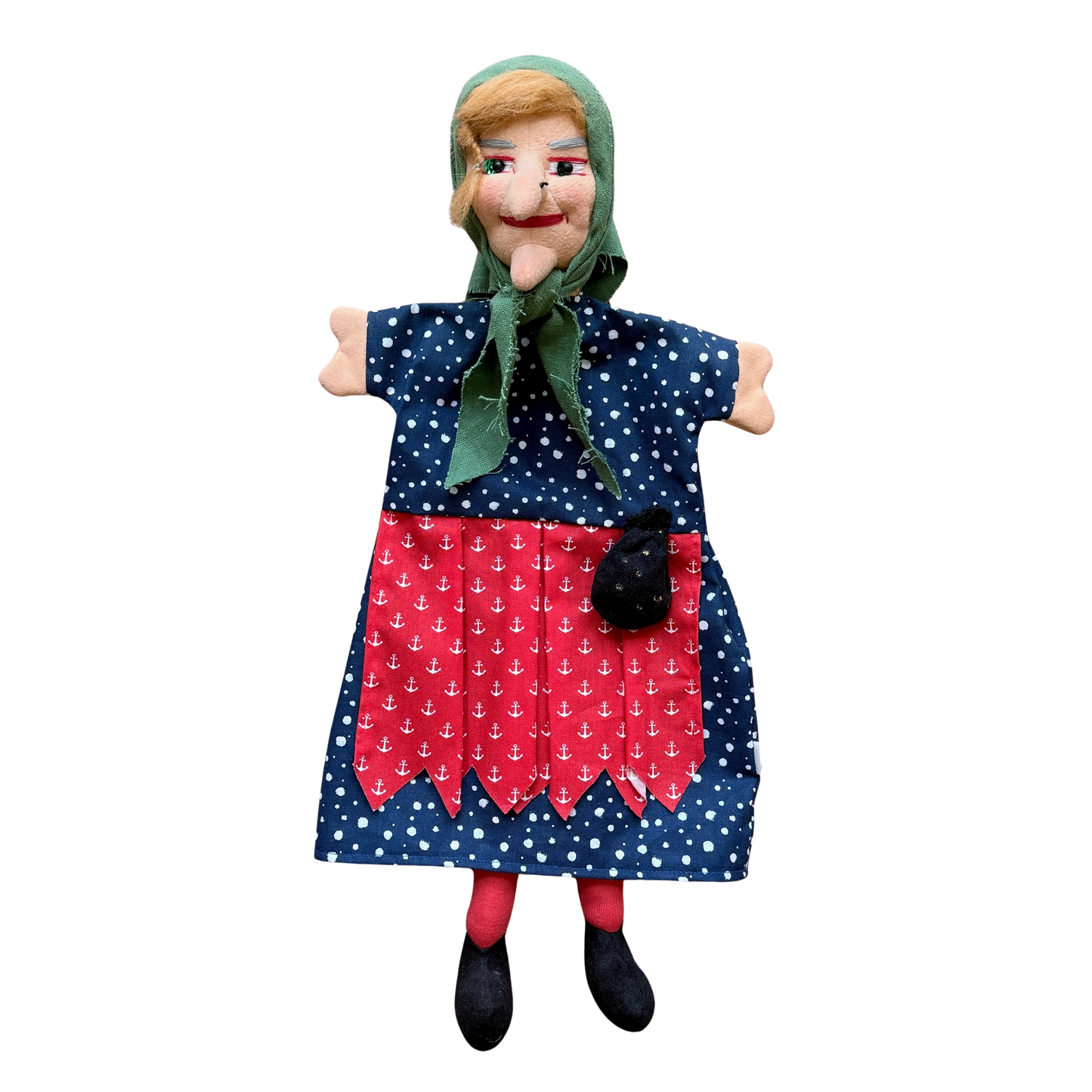 kasperpuppe hexe handgeferigt bunt mit zopf und kopftuch und beinen