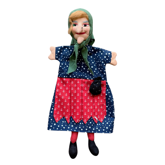 kasperpuppe hexe handgeferigt bunt mit zopf und kopftuch und beinen