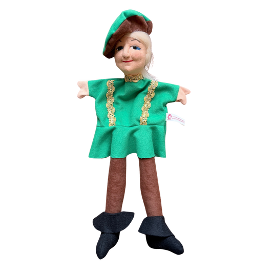 kasperpuppe handgefertigt prinz mit braunem hut gruener bluse und braunen beinen