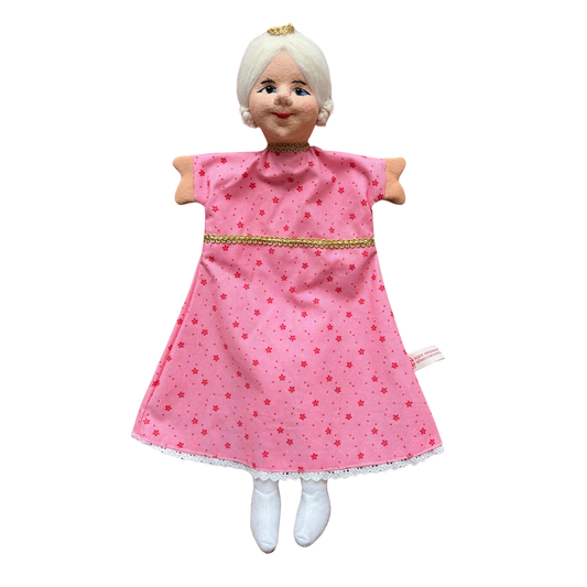 kasperpuppe handgefertigt prinzessin mit goldener krone und rosa kleidchen mit weissen beinen