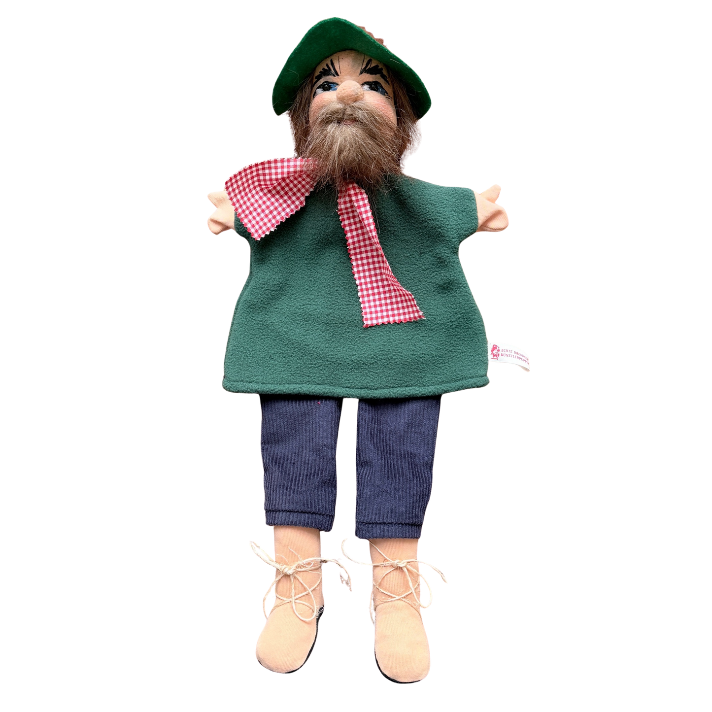 kasperpuppe handgefertigt raeuber mit gruenem hut dunklem bart gruenem pullover und blauen beinen mit schnuerschuhen