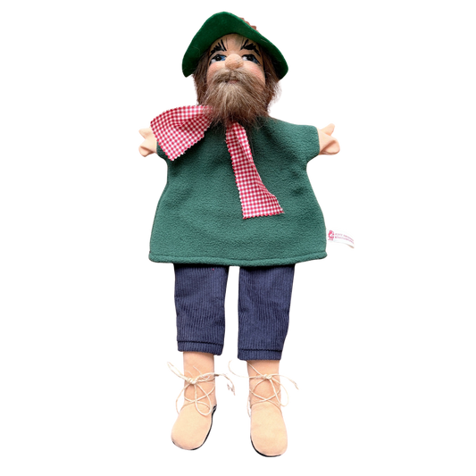 kasperpuppe handgefertigt raeuber mit gruenem hut dunklem bart gruenem pullover und blauen beinen mit schnuerschuhen