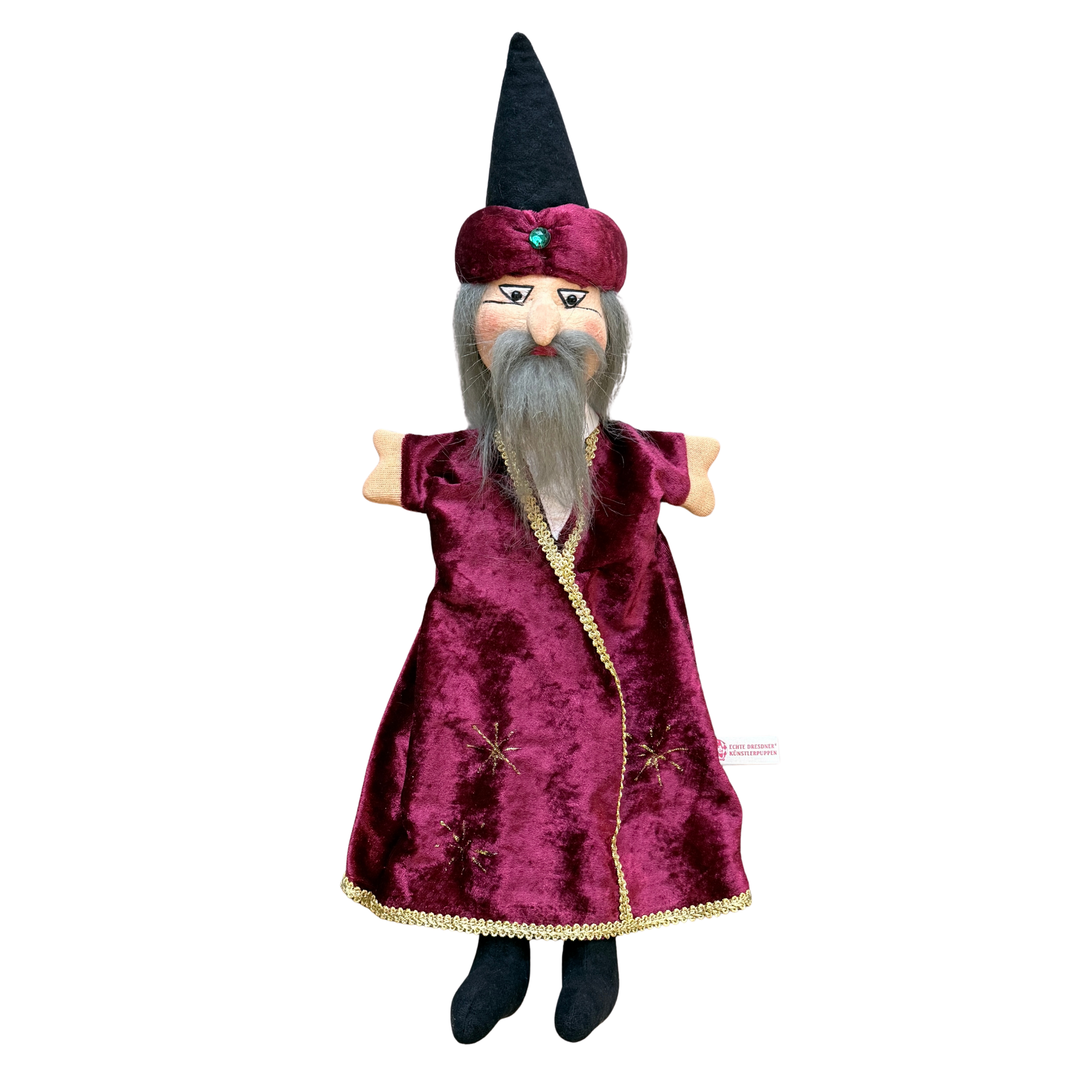 kasperpuppe handgeferigt zauberer mit weinrotem hut und langem roten gewand mit schwarzen beinen