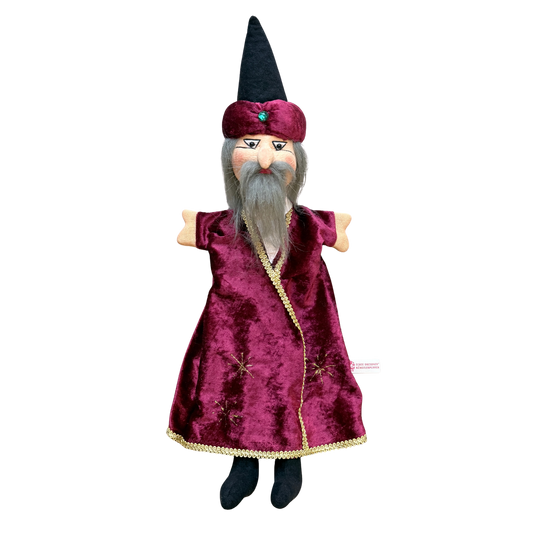 kasperpuppe handgeferigt zauberer mit weinrotem hut und langem roten gewand mit schwarzen beinen