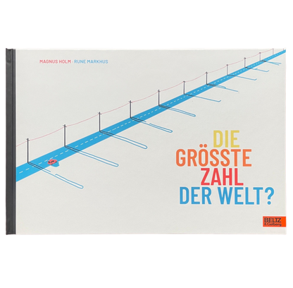 Kinderbuch die größe Zahl der Welt - eine lange Straße mit vielen Strommasten und einem kleinen roten Auto.