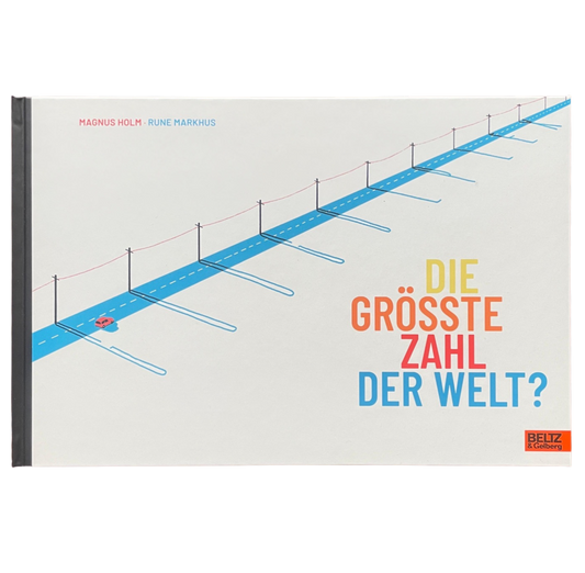 Kinderbuch die größe Zahl der Welt - eine lange Straße mit vielen Strommasten und einem kleinen roten Auto.