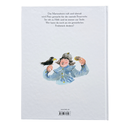 Kinderbuch - Bei der Feuerwehr wird der Kaffee kalt mit der einem Feuerwehrmann und einer Kurzbeschreibung auf der Rückseite. 