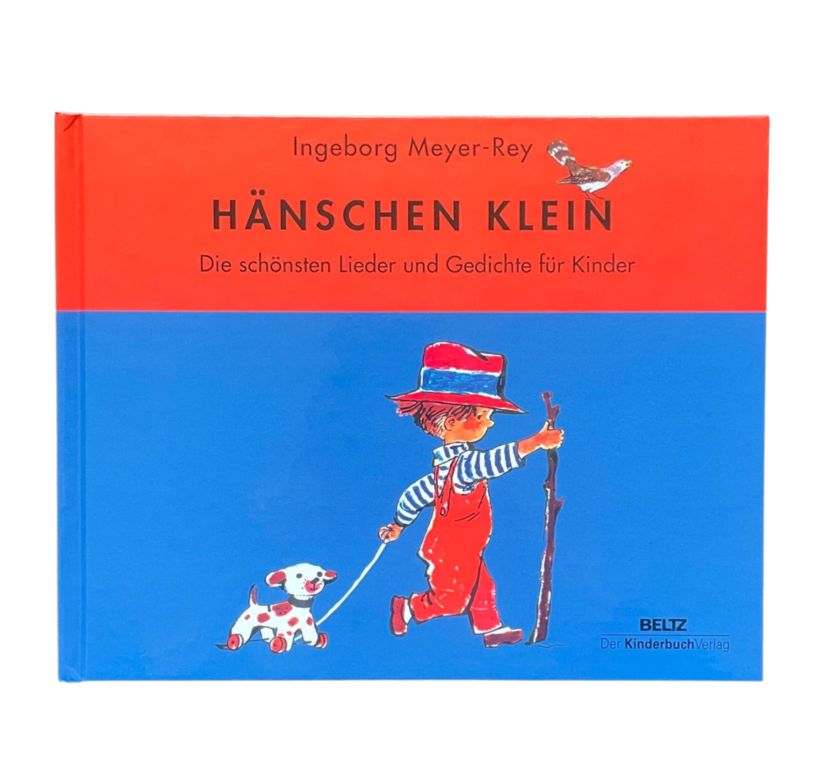 Kinderbuch Hänschen Klein mit verschiedenen Kinderreimen und Liedern. Hänschen Klein geht mit einem Hund an der Leine und einem Stock in der Hand spazieren.