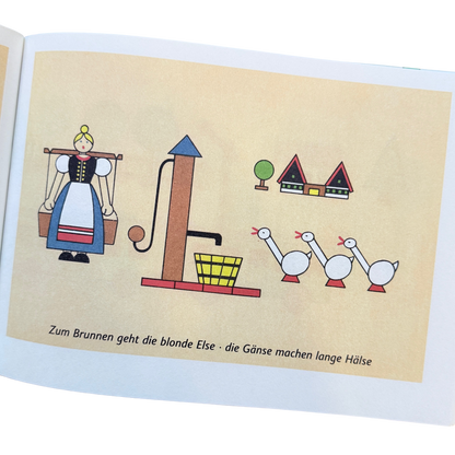 Kinderbuch - das bunte Spielzeugdorf - Seite mit erzgebirgischen Spielsachen. Bauernhof.