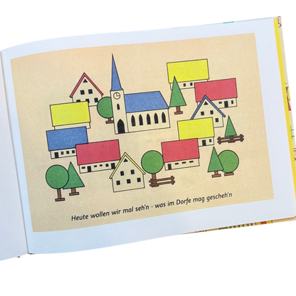 Kinderbuch - das bunte Spielzeugdorf - Seite mit erzgebirgischen Spielsachen. Holzhäuser und Bäume.