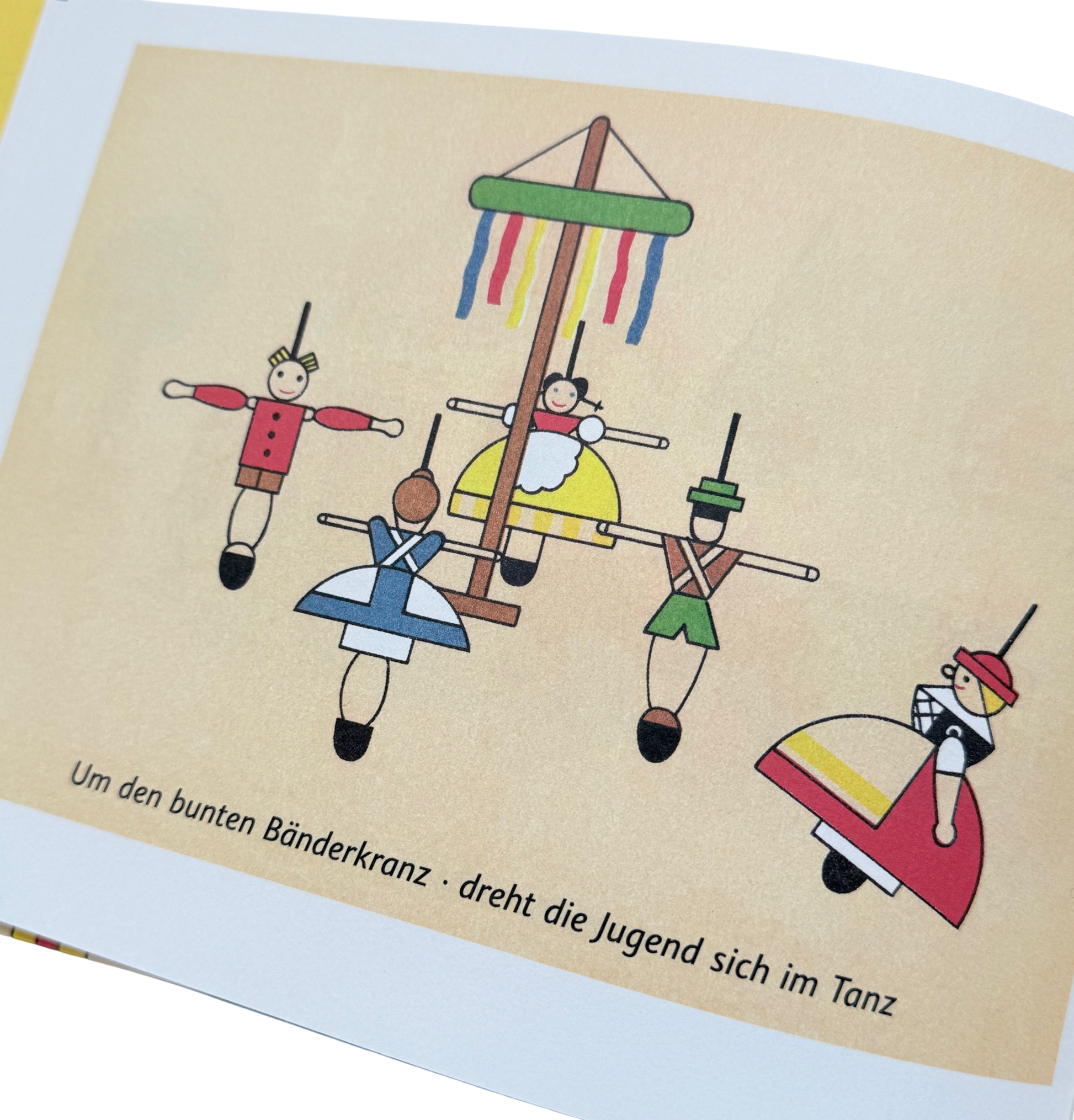 Kinderbuch - das bunte Spielzeugdorf - Seite mit erzgebirgischen Spielsachen. Bunte Kreisel.