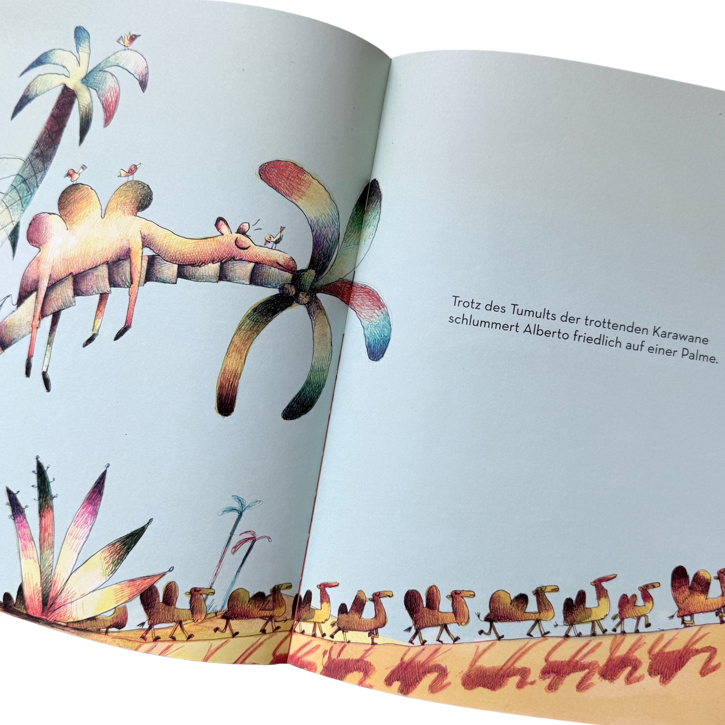 Alberto einfach einzigartig, ein Kinderbuch mit einem Kamel welches drei Höcker hat und auf einer Palme schläft. 