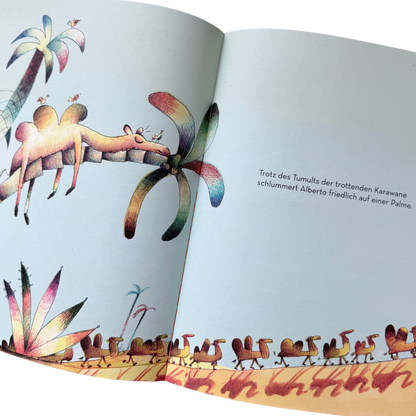 Alberto einfach einzigartig, ein Kinderbuch mit einem Kamel welches drei Höcker hat und auf einer Palme schläft. 