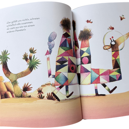Alberto einfach einzigartig, ein Kinderbuch mit einem Kamel auf dem Cover, welches drei Höcker hat, bunt ist und eine Glaskugel auf dem Kopf hat und einen Schornstein am Popo.