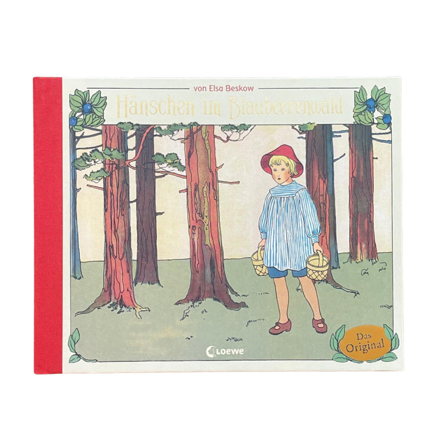 Kinderbuch Klassiker aus Schweden Hönschen in Blaubeerenwald mit einem kleinen Jungen im Wald und zwei Weidenkörben.