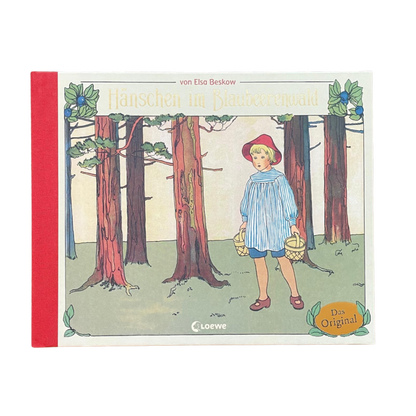 Kinderbuch Klassiker aus Schweden Hönschen in Blaubeerenwald mit einem kleinen Jungen im Wald und zwei Weidenkörben.