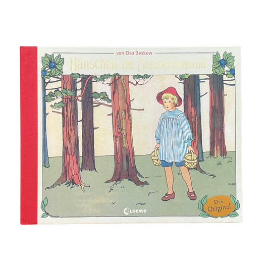 Kinderbuch Klassiker aus Schweden Hönschen in Blaubeerenwald mit einem kleinen Jungen im Wald und zwei Weidenkörben.