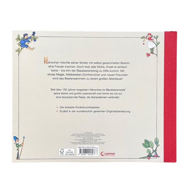 Kinderbuch Klassiker aus Schweden Hönschen in Blaubeerenwald mit einem kleinen Jungen im Wald und zwei Weidenkörben.