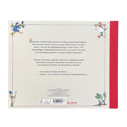 Kinderbuch Klassiker aus Schweden Hönschen in Blaubeerenwald mit einem kleinen Jungen im Wald und zwei Weidenkörben.