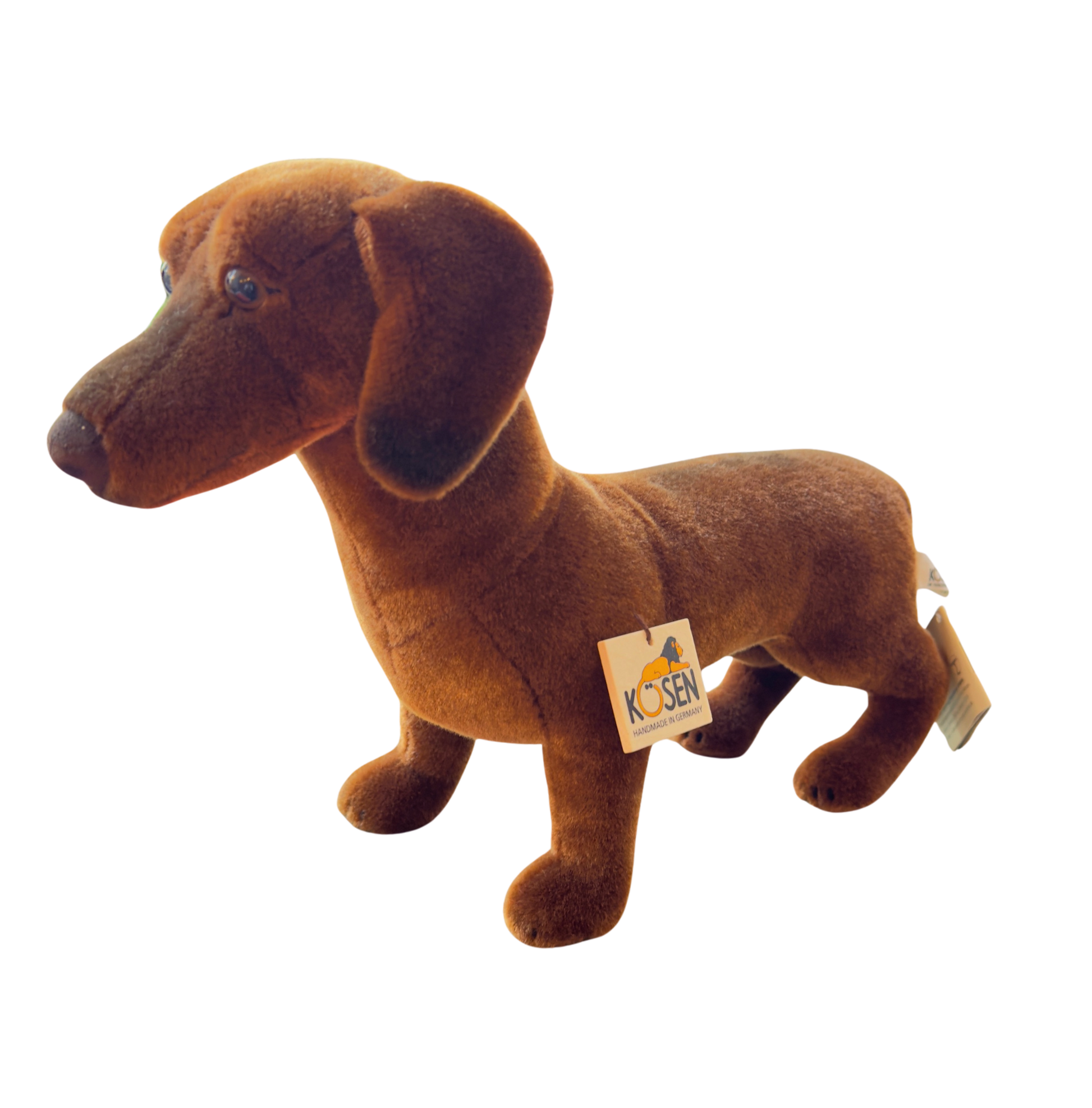 Kuscheltier Dackel Waldi aus Kösen auf einer Wiese mit Laub.