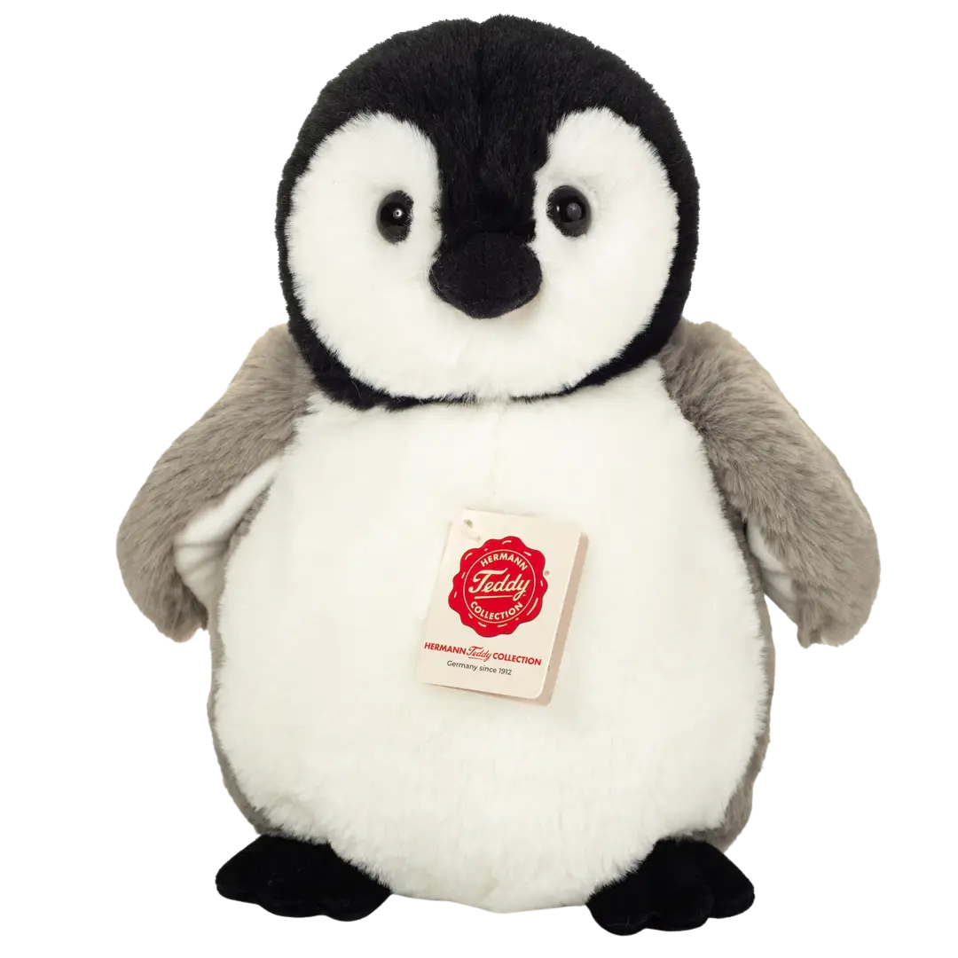 Pinguin Kuscheltier in Weiss mit schwarzem Kopf und schwarzen Füssen.