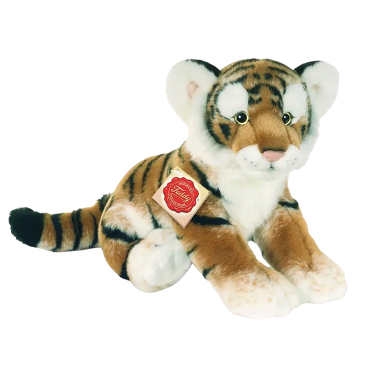 Tiger Kuscheltier in Hellbraun mit weißen Tatzen und schwarzen Streifen. 
