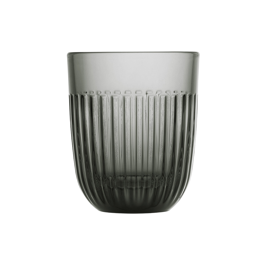 Trinkglas mit Streifendesign in Grau.