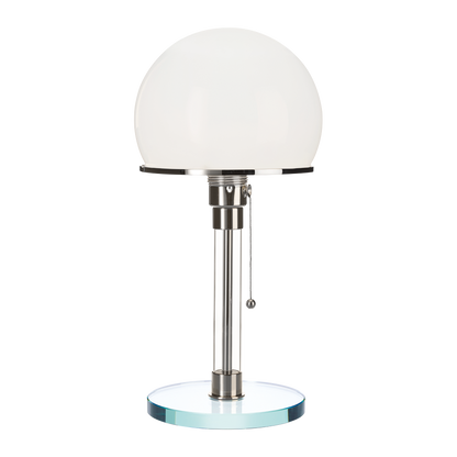 leuchtende bauhaus lampe mit glasfuss und glasschirm aus opalglas