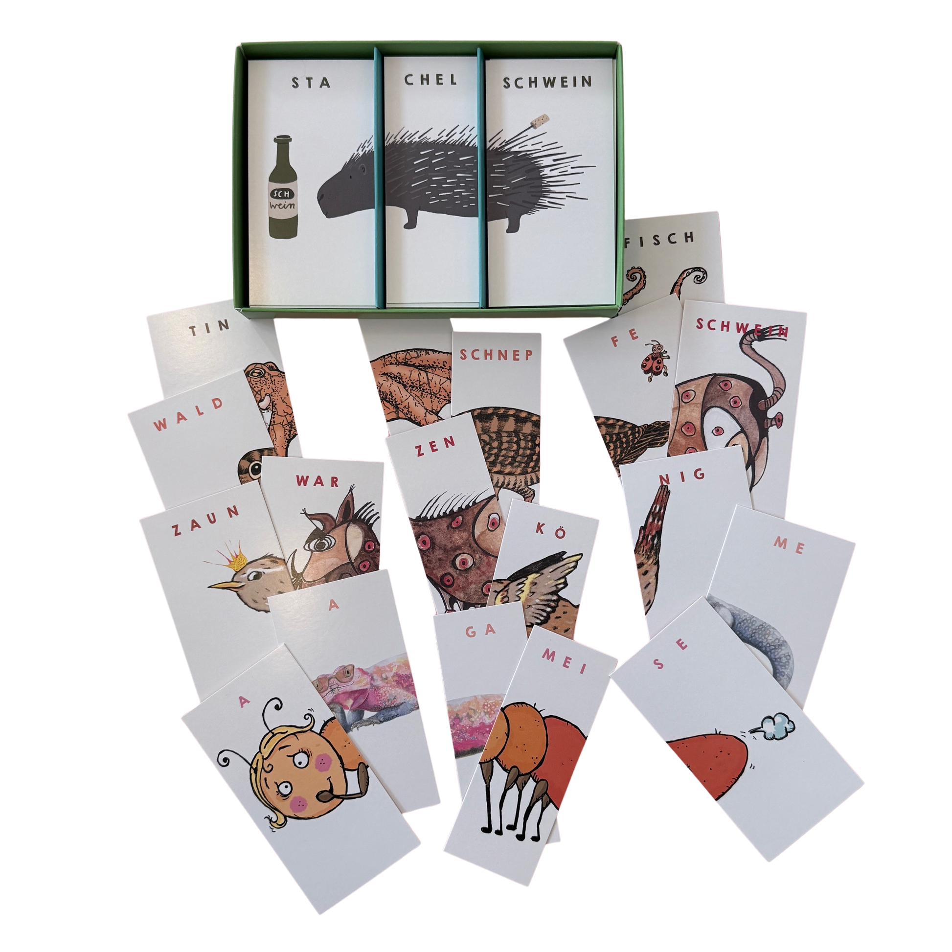 Legespiel klapkrodachs mit verschiedenen Legekarten für lustige Tierkombinationen. Ab 4 Jahren.